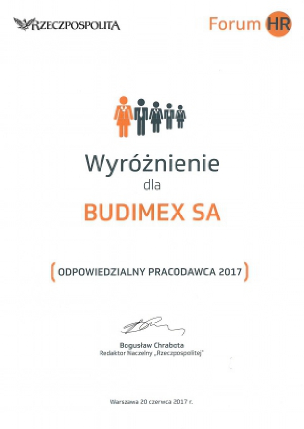 Budimex als Verantwortungsbewusster Arbeitgeber 2017 ausgezeichnet